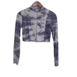 BLACKUP Tie Dye Women Crop Top Small‎ Blue Gray Mock Neck Exposed Seam Lettuce